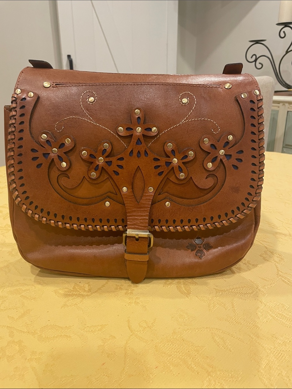 Patricia Nash Saddle Brown Tooled Leather Crossbody